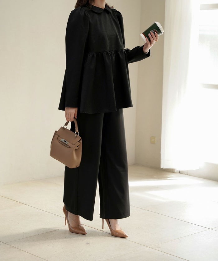 襟付き ジャガード ペプラム ブラウス フェミニン 微光沢 ペプラム 丸襟 長袖 きれいめ 上品 オフィス  オケージョン ホワイト/ネイビー/ブラック/M/長袖