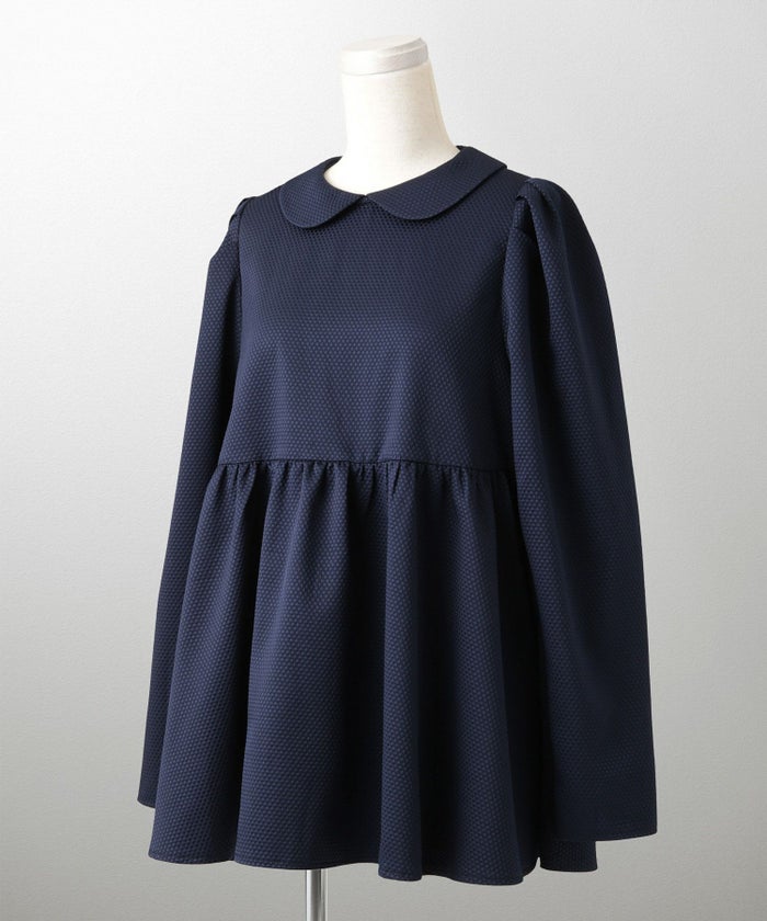 襟付き ジャガード ペプラム ブラウス フェミニン 微光沢 ペプラム 丸襟 長袖 きれいめ 上品 オフィス  オケージョン ホワイト/ネイビー/ブラック/M/長袖