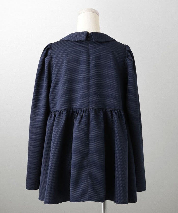 襟付き ジャガード ペプラム ブラウス フェミニン 微光沢 ペプラム 丸襟 長袖 きれいめ 上品 オフィス  オケージョン ホワイト/ネイビー/ブラック/M/長袖