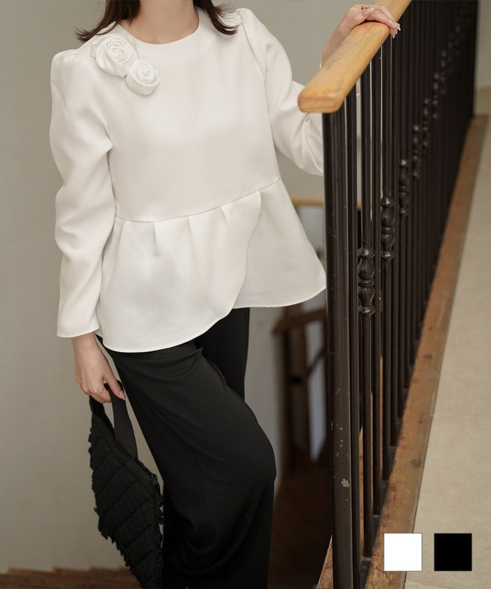 バラモチーフ クロス トップス ラウス  サテン 薔薇 ペプラム 長袖 セレモニー オケージョン 上品 オフィス ホワイト ブラック M 長袖 バラモチーフ クロス トップス HUIT