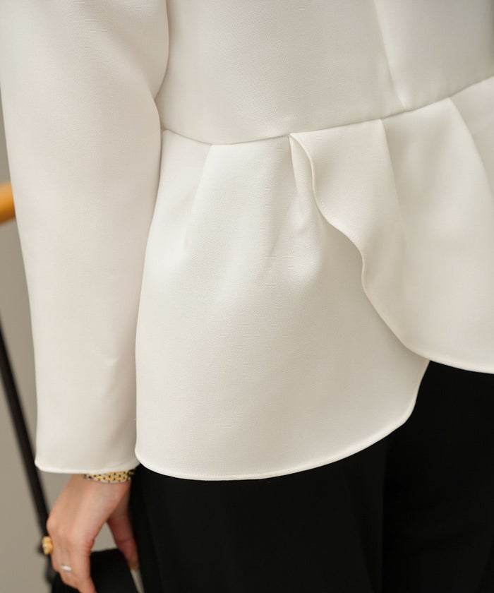 バラモチーフ クロス トップス ラウス  サテン 薔薇 ペプラム 長袖 セレモニー オケージョン 上品 オフィス ホワイト/ブラック/M/長袖