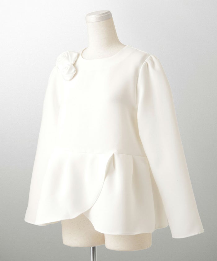 バラモチーフ クロス トップス ラウス  サテン 薔薇 ペプラム 長袖 セレモニー オケージョン 上品 オフィス ホワイト/ブラック/M/長袖