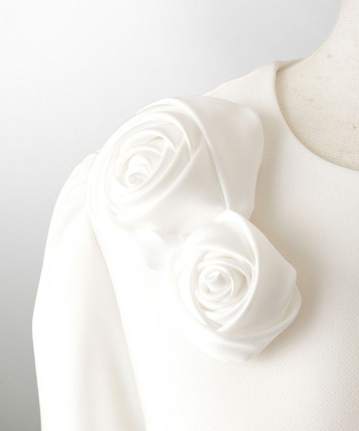 バラモチーフ クロス トップス ラウス  サテン 薔薇 ペプラム 長袖 セレモニー オケージョン 上品 オフィス ホワイト/ブラック/M/長袖