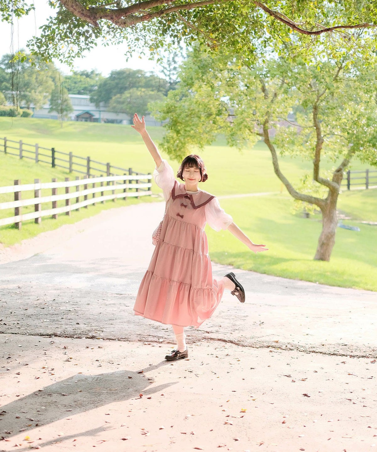 配色 ビッグカラー ノースリーブ ワンピ miolite ピンク/モカ