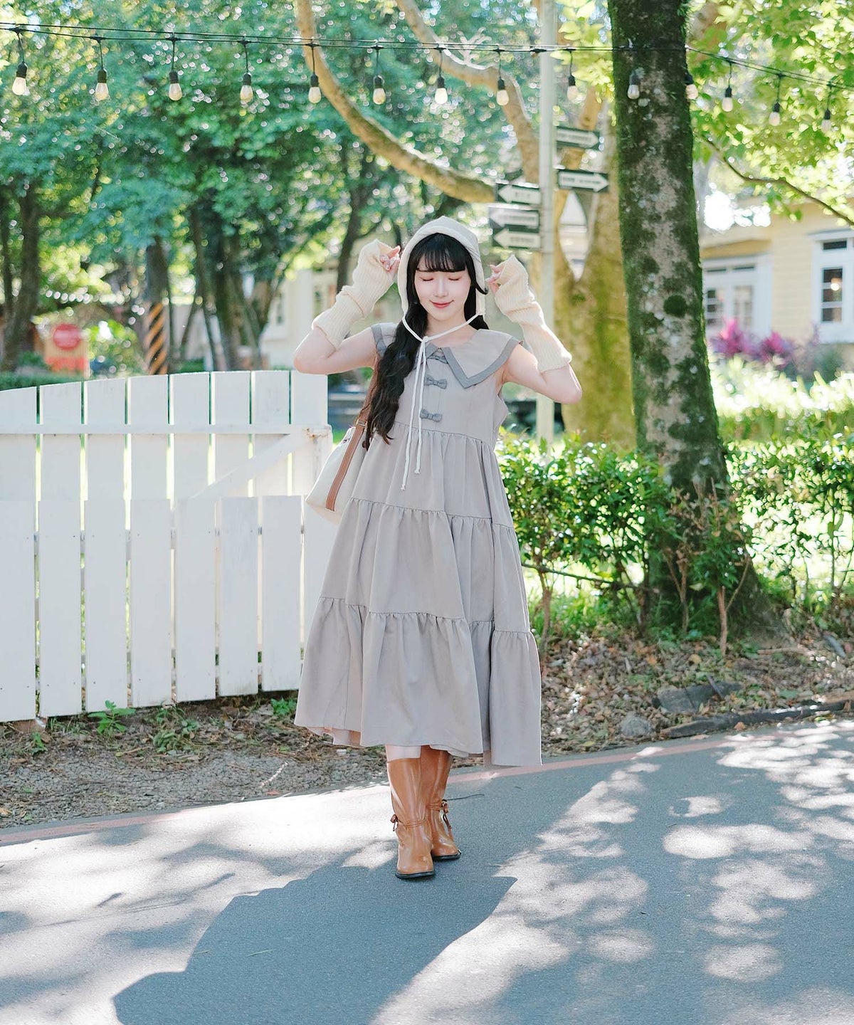 配色 ビッグカラー ノースリーブ ワンピ miolite ピンク/モカ