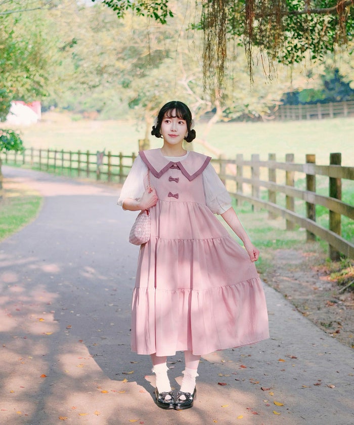 配色 ビッグカラー ノースリーブ ワンピ miolite ピンク/モカ