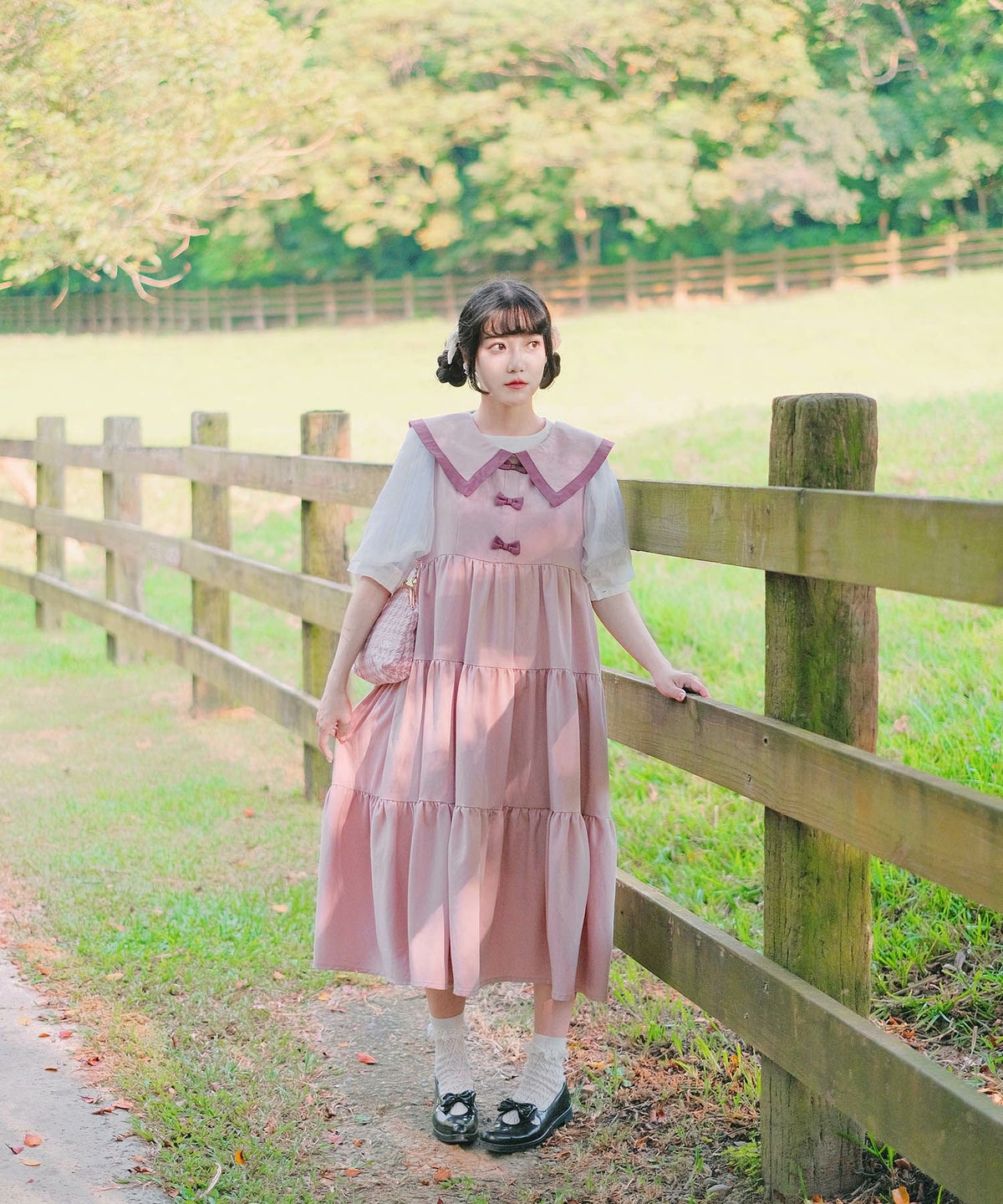 配色 ビッグカラー ノースリーブ ワンピ miolite ピンク/モカ