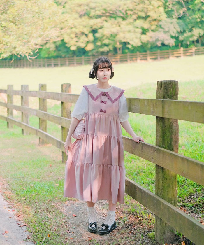 配色 ビッグカラー ノースリーブ ワンピ miolite ピンク/モカ