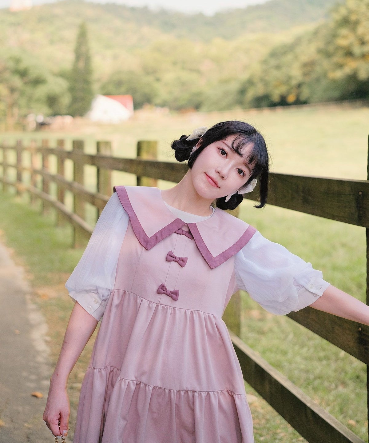 配色 ビッグカラー ノースリーブ ワンピ miolite ピンク/モカ