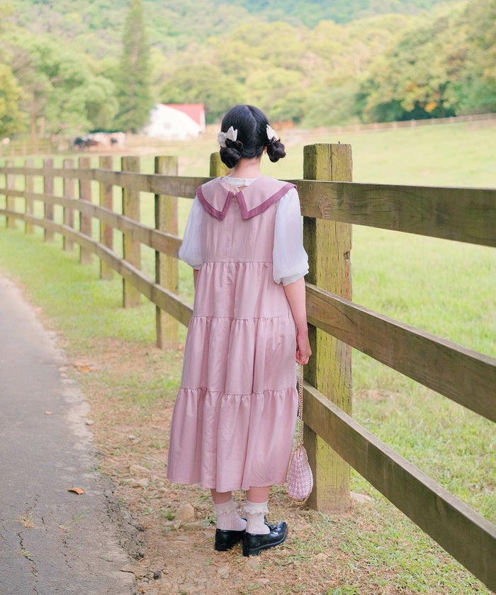 配色 ビッグカラー ノースリーブ ワンピ miolite ピンク/モカ