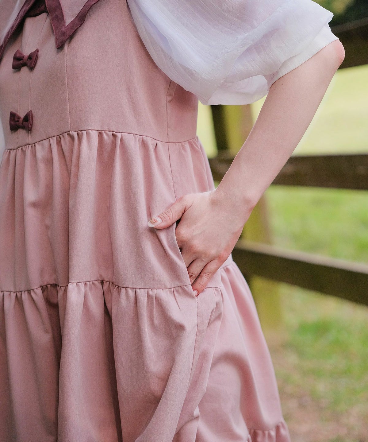 配色 ビッグカラー ノースリーブ ワンピ miolite ピンク/モカ