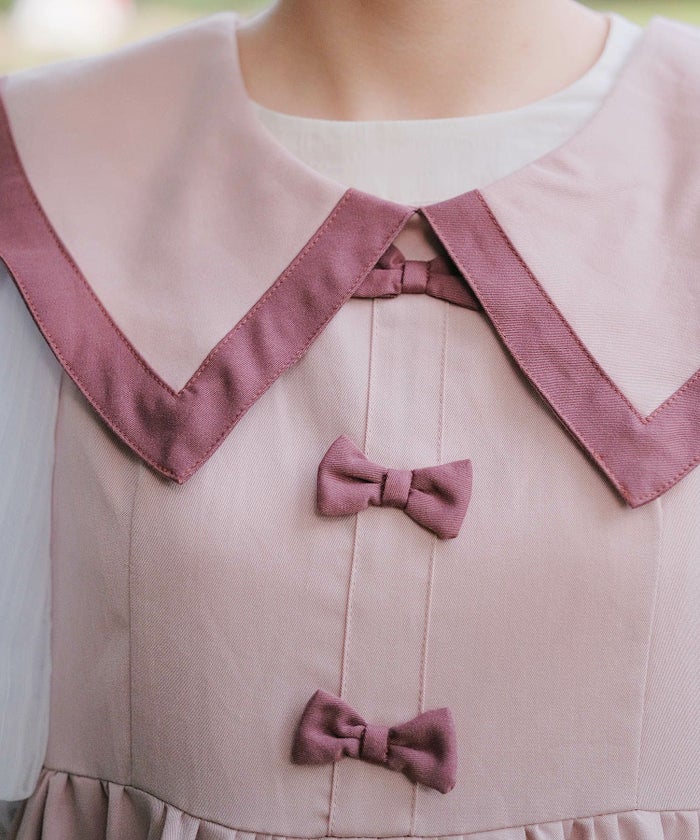 配色 ビッグカラー ノースリーブ ワンピ miolite ピンク/モカ