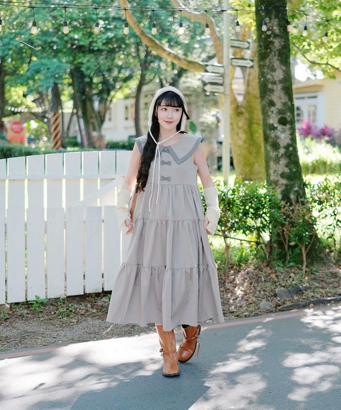 配色 ビッグカラー ノースリーブ ワンピ miolite ピンク/モカ