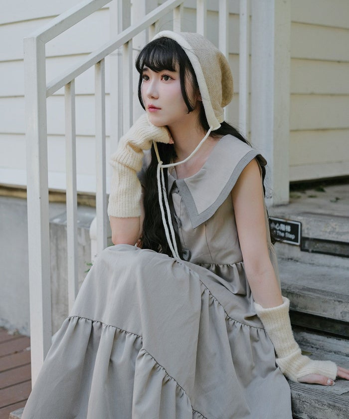 配色 ビッグカラー ノースリーブ ワンピ miolite ピンク/モカ