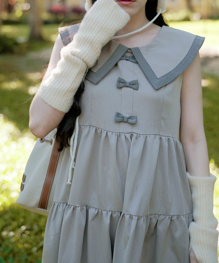 配色 ビッグカラー ノースリーブ ワンピ miolite ピンク/モカ