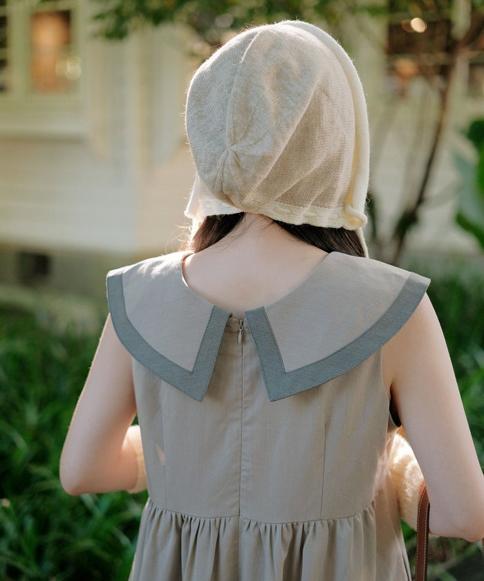 配色 ビッグカラー ノースリーブ ワンピ miolite ピンク/モカ