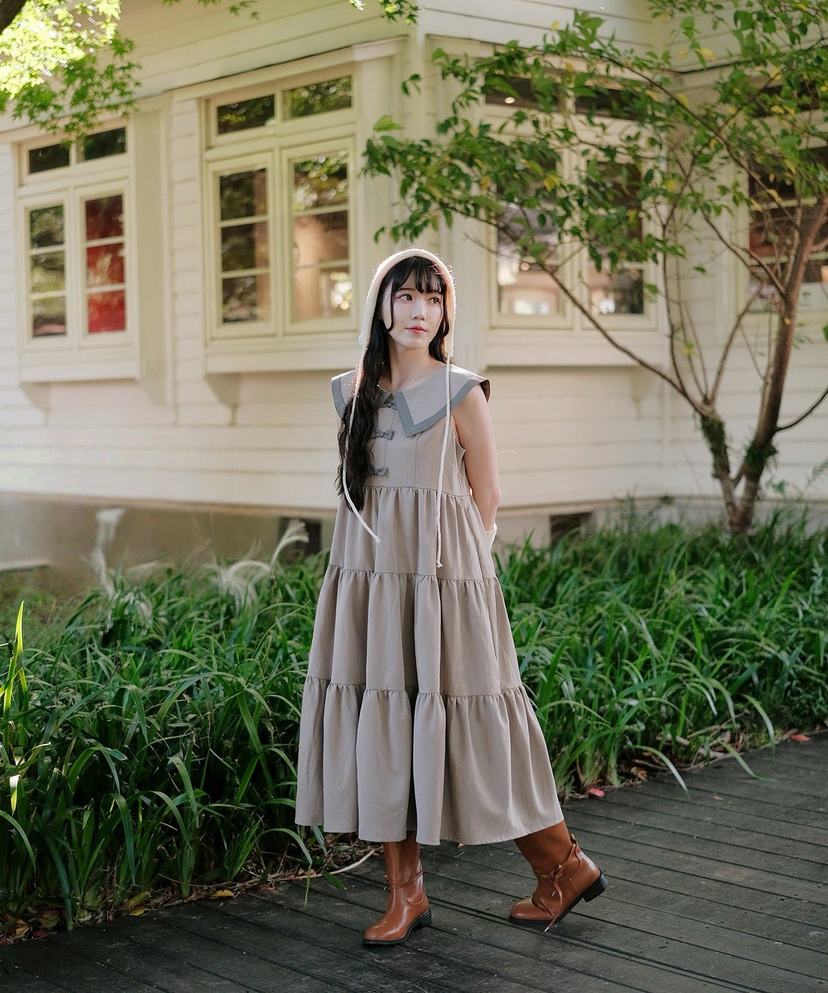 配色 ビッグカラー ノースリーブ ワンピ miolite ピンク/モカ