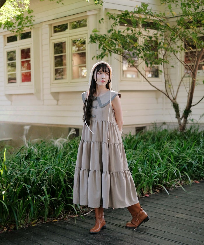 配色 ビッグカラー ノースリーブ ワンピ miolite ピンク/モカ