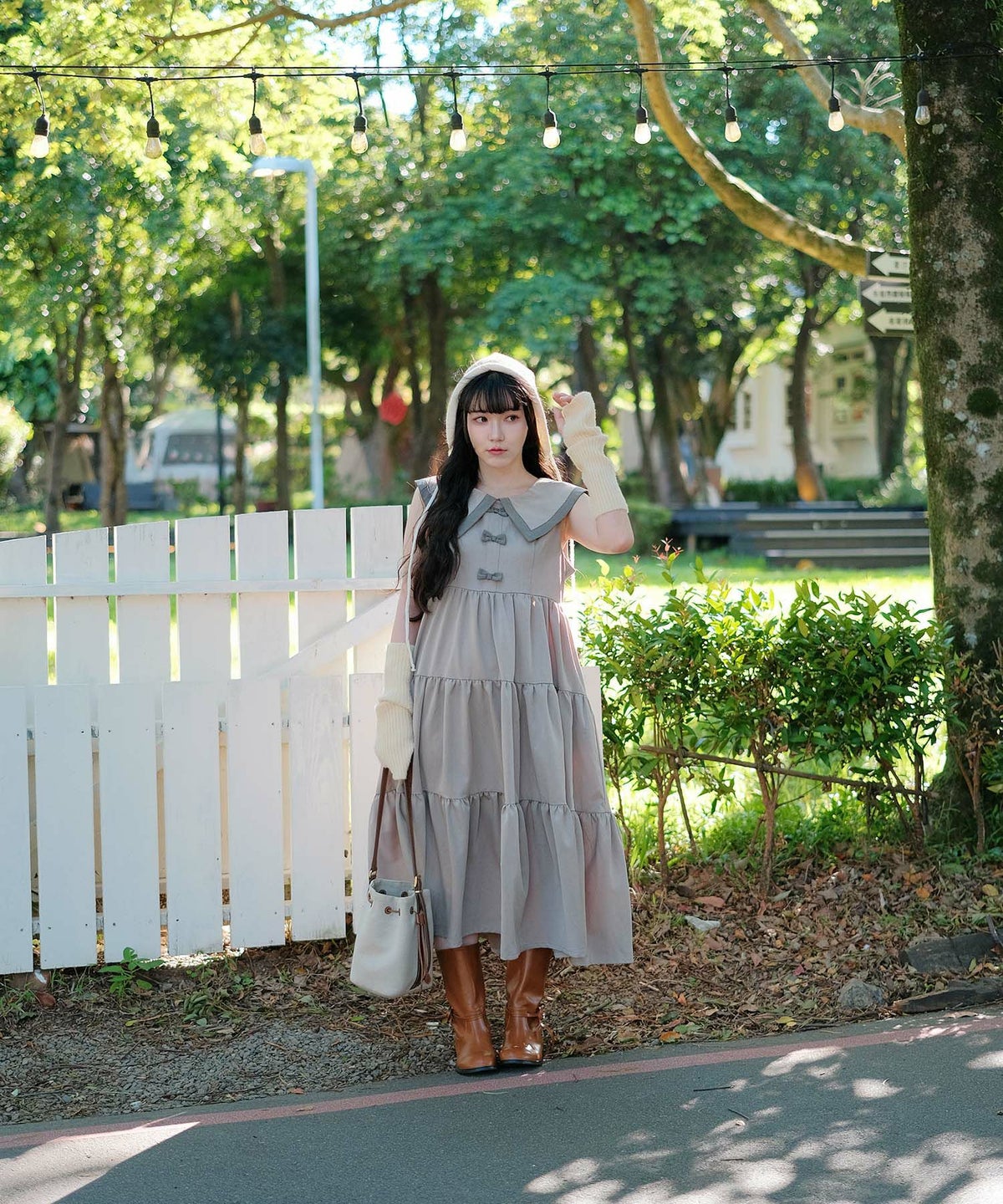 配色 ビッグカラー ノースリーブ ワンピ miolite ピンク/モカ