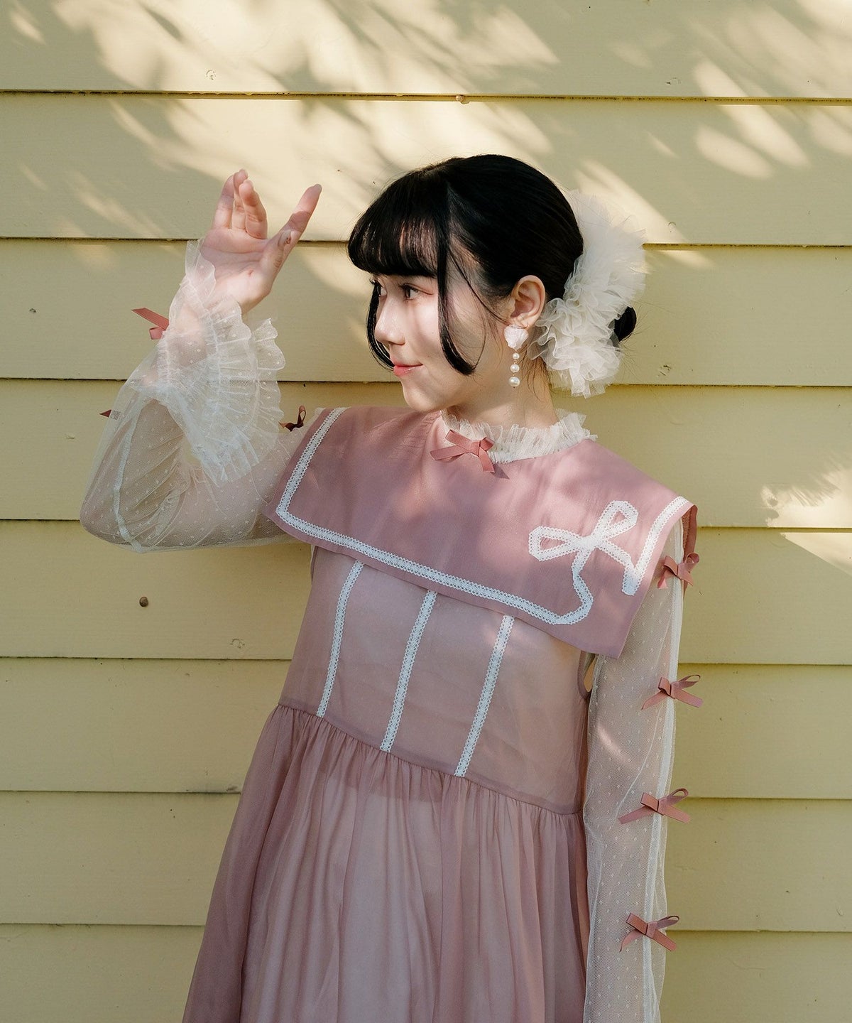 セーラーカラー レース ワンピース miolite ピンクベージュ/ブルーグレー