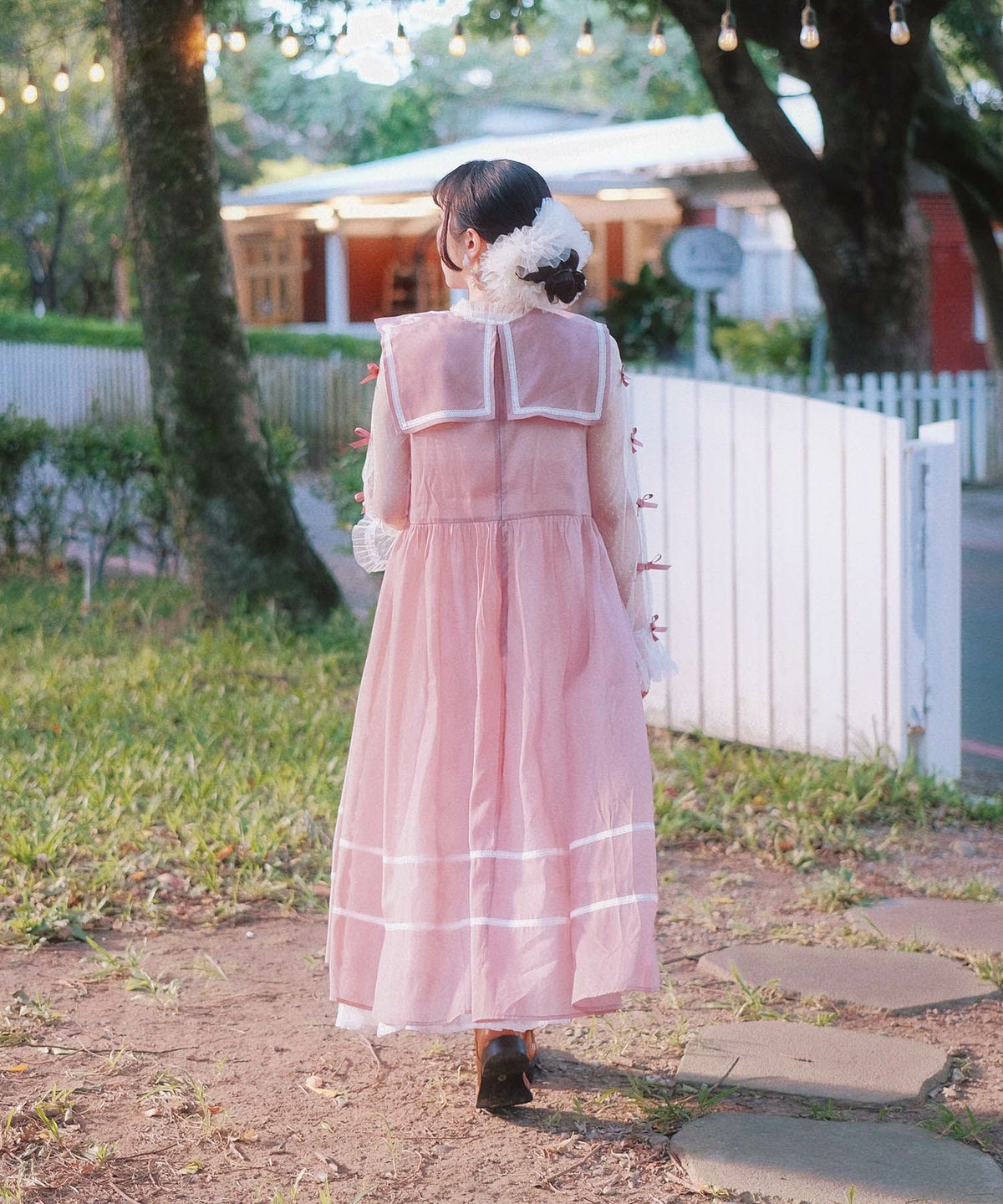 セーラーカラー レース ワンピース miolite ピンクベージュ/ブルーグレー