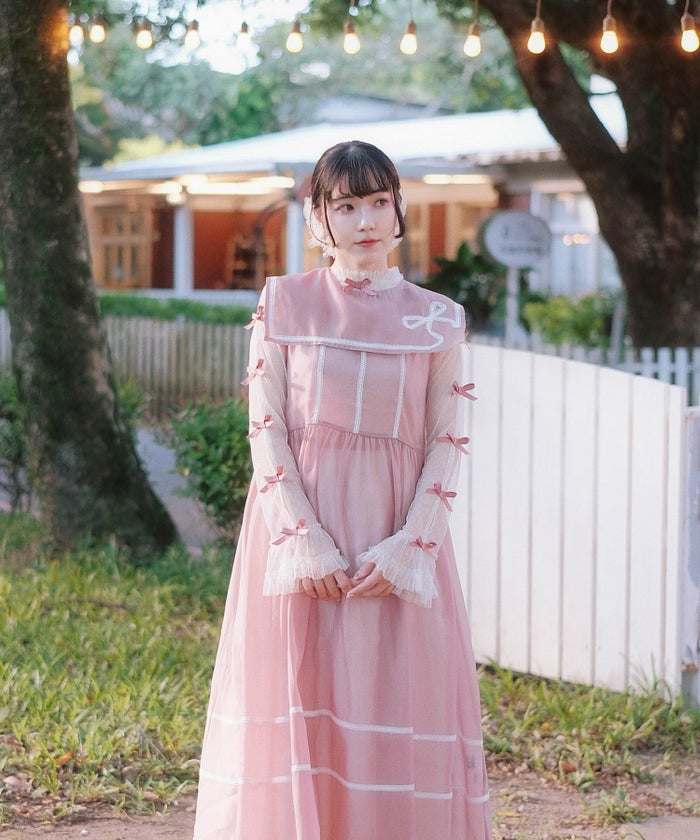 セーラーカラー レース ワンピース miolite ピンクベージュ/ブルーグレー