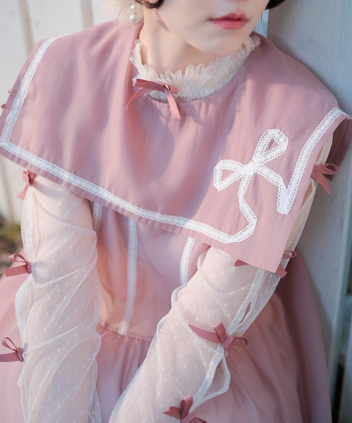 セーラーカラー レース ワンピース miolite ピンクベージュ/ブルーグレー