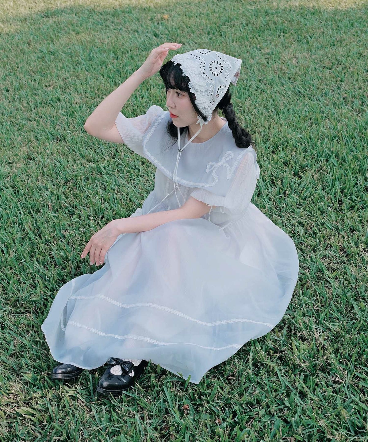 セーラーカラー レース ワンピース miolite ピンクベージュ/ブルーグレー