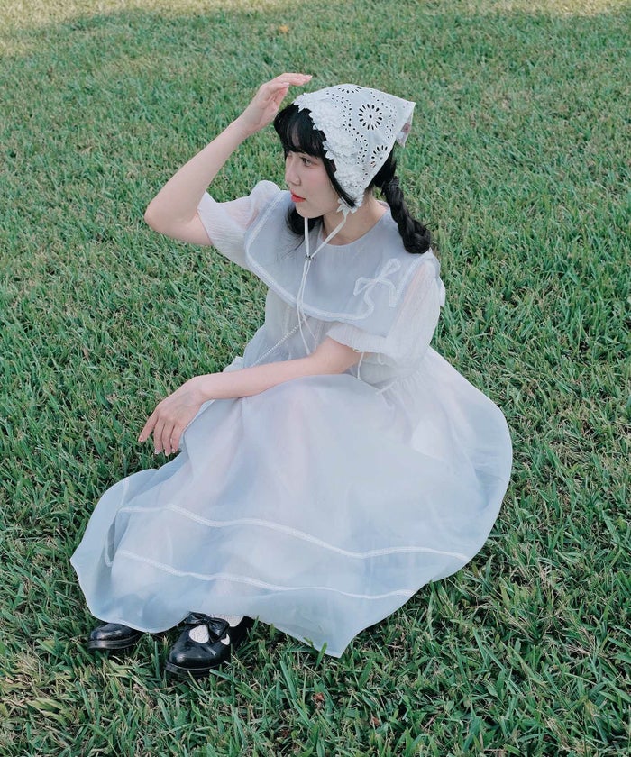 セーラーカラー レース ワンピース miolite ピンクベージュ/ブルーグレー