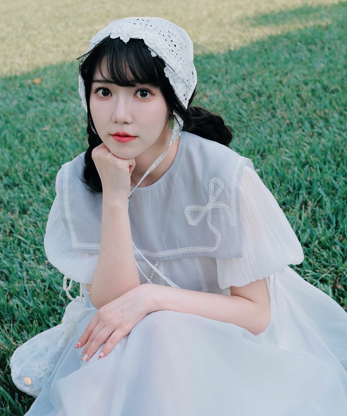 セーラーカラー レース ワンピース miolite ピンクベージュ/ブルーグレー