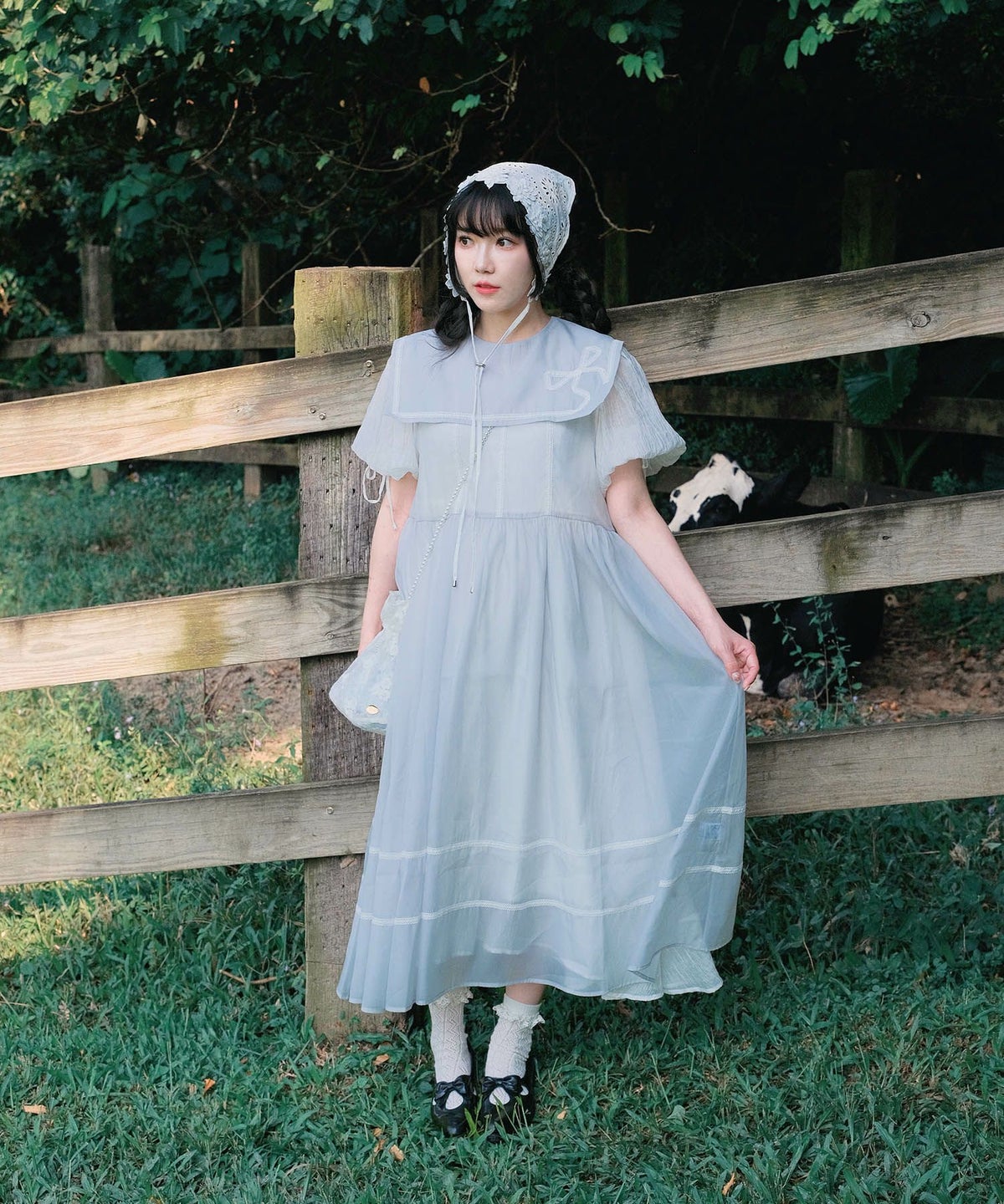 セーラーカラー レース ワンピース miolite ピンクベージュ/ブルーグレー