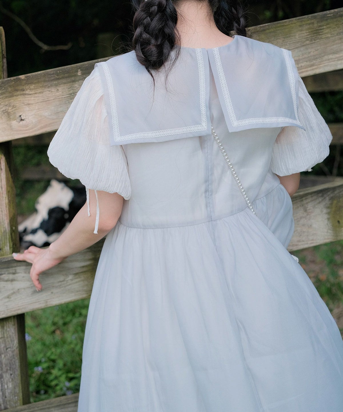 セーラーカラー レース ワンピース miolite ピンクベージュ/ブルーグレー