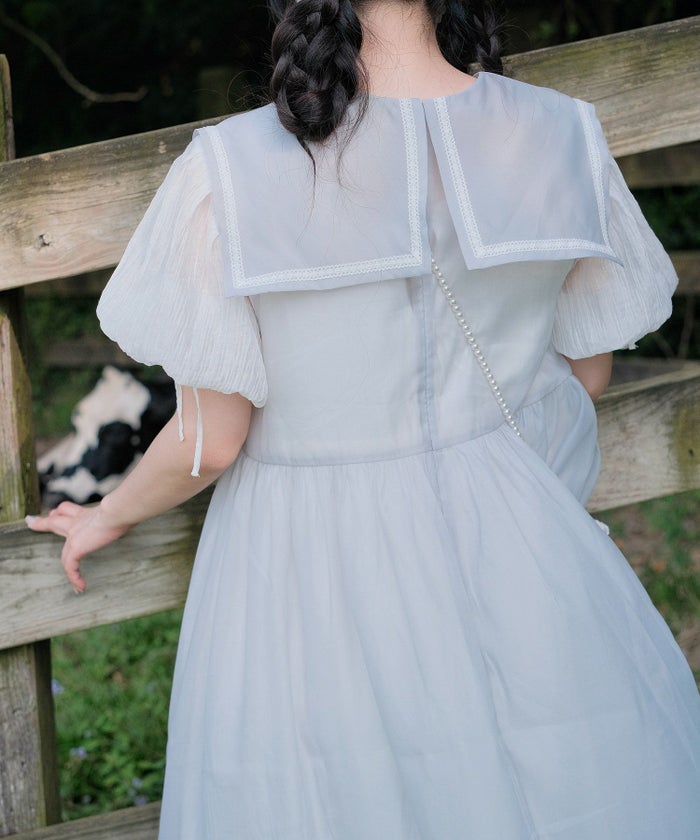 セーラーカラー レース ワンピース miolite ピンクベージュ/ブルーグレー