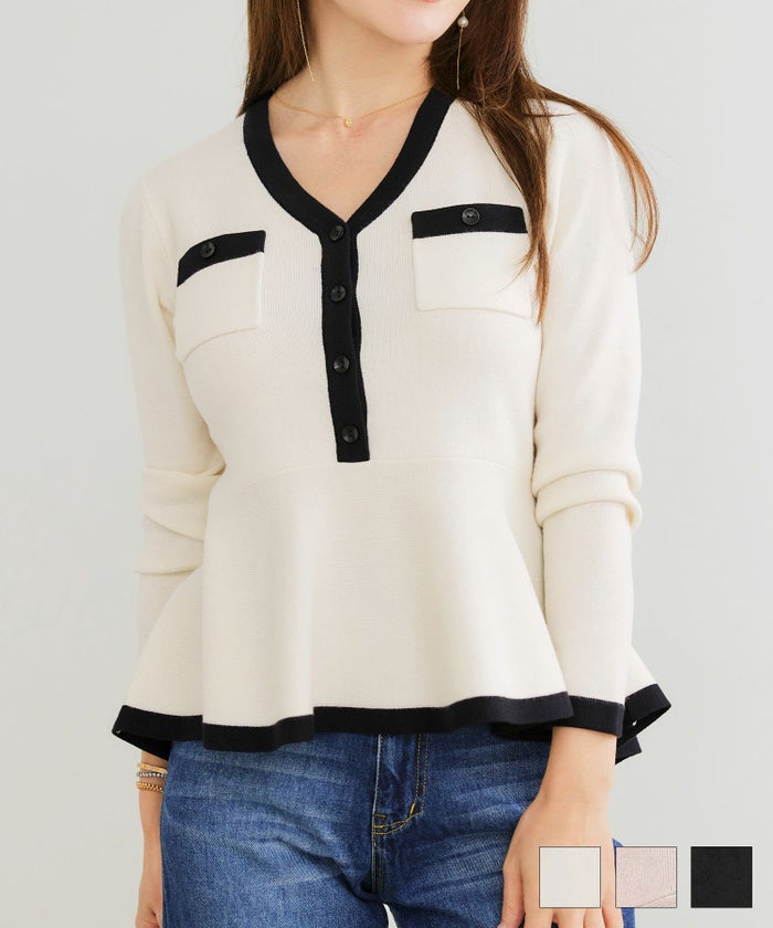 手洗い可 レディース 長袖 秋冬春 長袖 可愛い 上品 きれいめ オフィス 大人カジュアル フェミニン ジョイントスペース エコヴェロ バイカラー ペプラム ニット Liala×PG