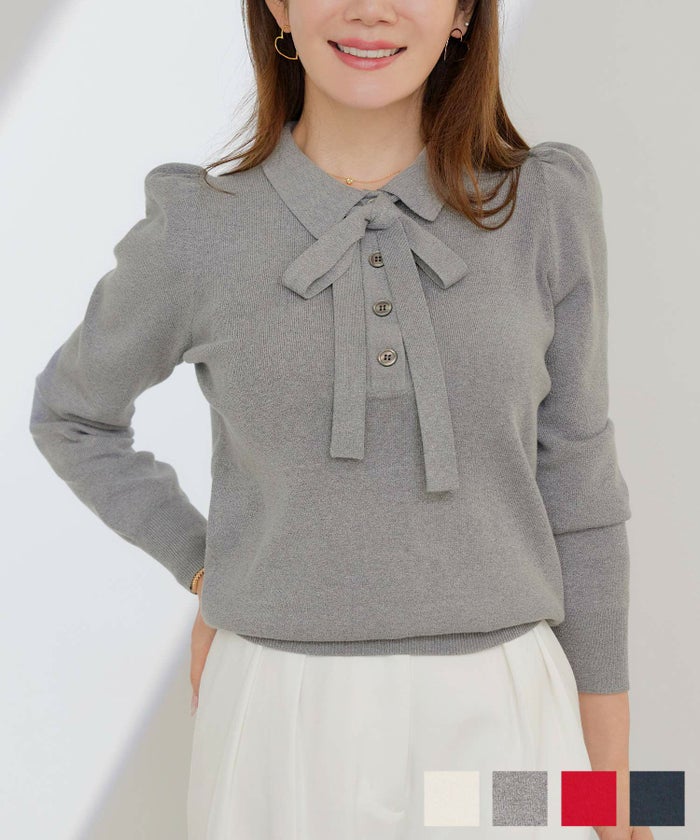 手洗い可 レディース 長袖 秋冬春 長袖 可愛い 上品 きれいめ オフィス 色 フェミニン ジョイントスペース エコヴェロ 襟付き ボウタイ ニット Liala×PG