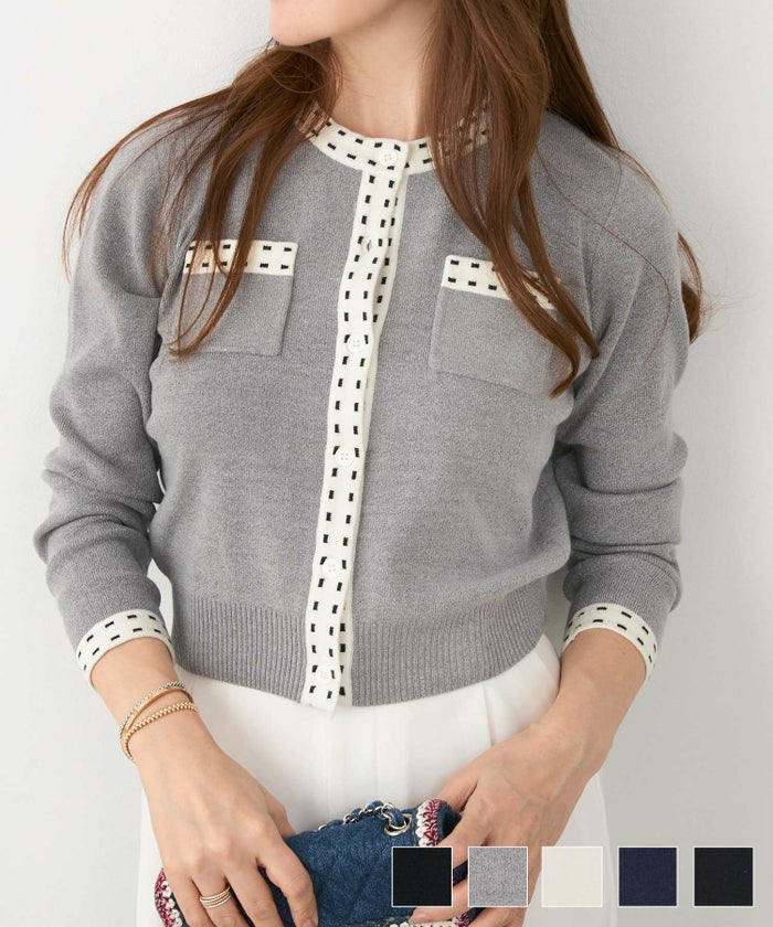 手洗い可 レディース 長袖 秋冬春 長袖 可愛い 上品 きれいめ オフィス 色 フェミニン ジョイントスペース エコヴェロ ステッチ ジャガード 丸首 ニット カーディガン Liala×PG