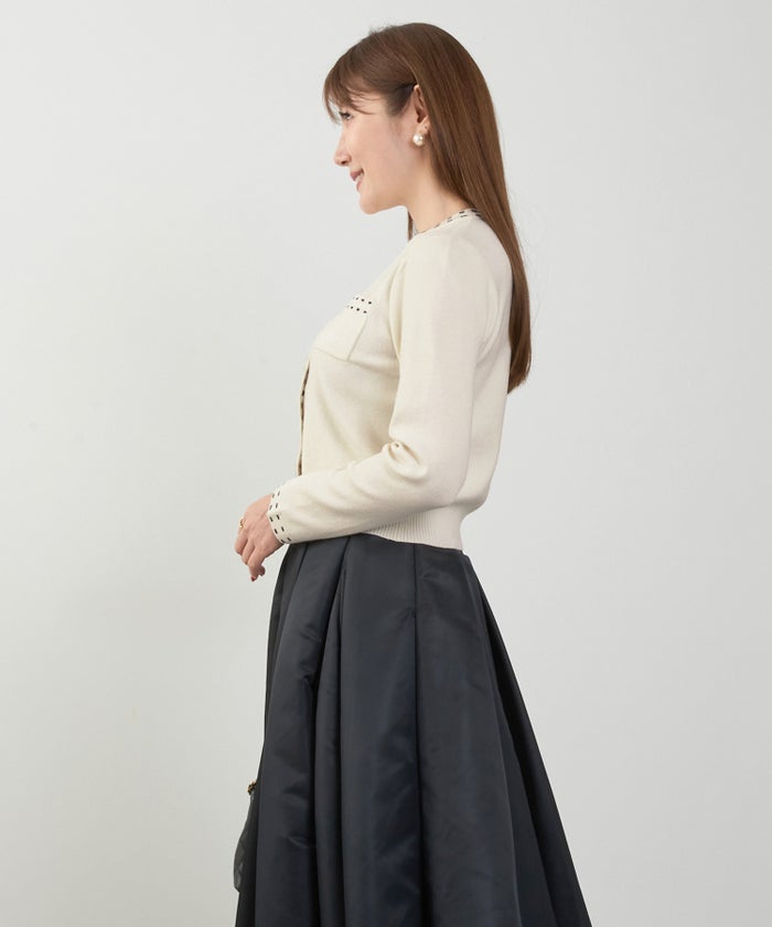 新色追加 手洗い可 レディース 秋冬春 可愛い 上品 きれいめ オフィス 色 フェミニン ジョイントスペース ＜エコヴェロ＞ステッチジャガード丸首ニットCD Liala×PG