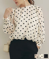 手洗い可 長袖 大人カジュアル オフィス きれいめ フェニミン シアー オールシーズン 柄 ジョイントスペース フロッキードット パフ袖 バルーン ブラウス Liala×PG