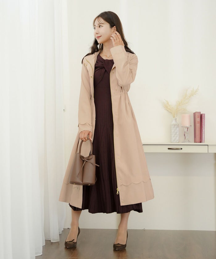 マウンテンパーカー スカラップ デザイン アウター 大人フェミニン 春 秋 きれいめ カジュアル フード付き  通勤  アウター 通学 デイリー オフィスカジュアル レディース ロング丈 アイボリー ピンクベージュ ネイビー