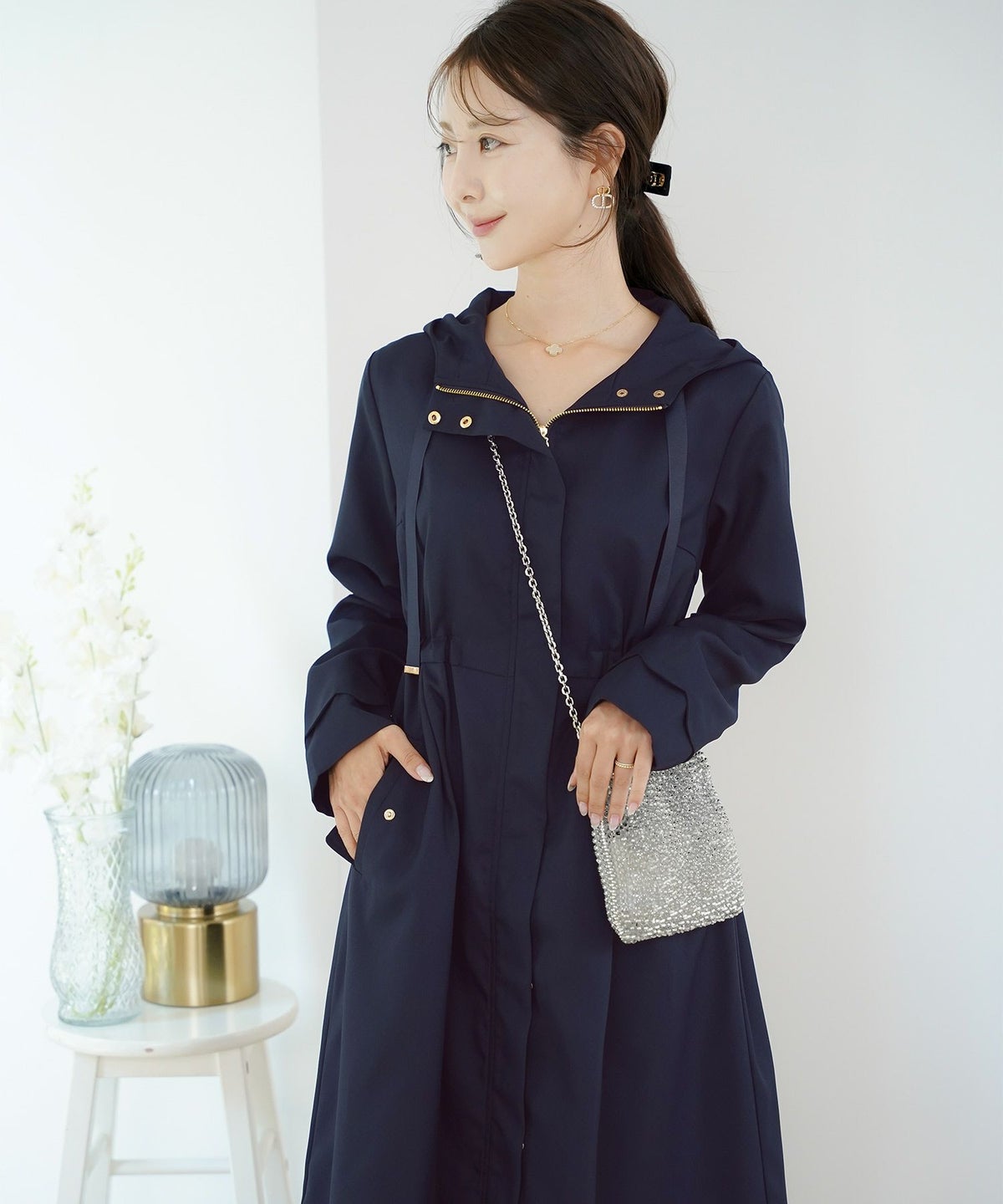 マウンテンパーカー スカラップ デザイン アウター 大人フェミニン 春 秋 きれいめ カジュアル フード付き  通勤  アウター 通学 デイリー オフィスカジュアル レディース ロング丈 アイボリー ピンクベージュ ネイビー