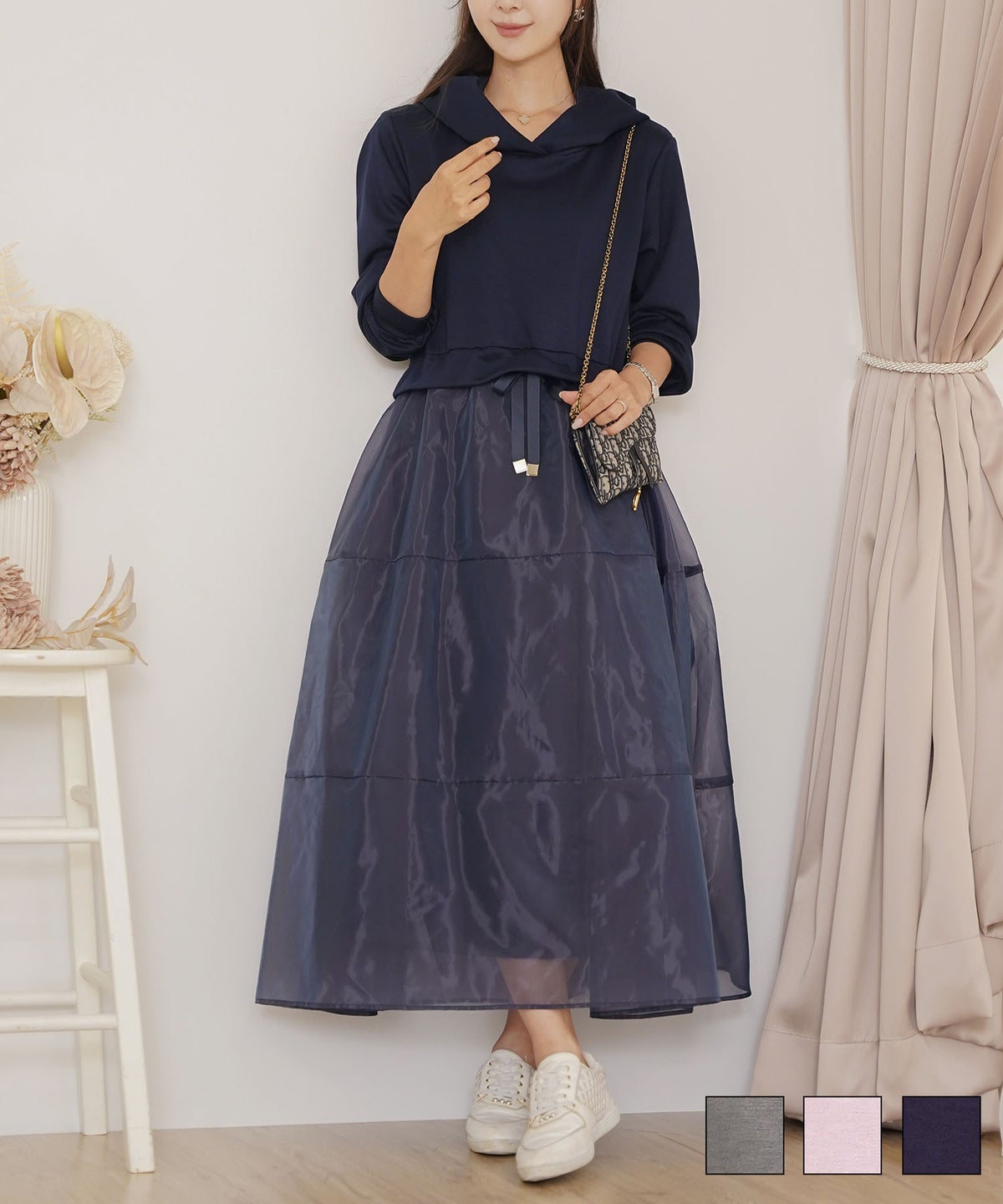 オーガンジー ドッキング フード付き 長袖 ハイウエスト スタイルアップ 3段切替 大人フェミニン カジュアル フェミニン 体型カバー 秋冬 きれいめ ワンピース パーカー ピンク ライラック ネイビー チャコール オーガンジー ドッキング パーカー ワンピース le reve vaniller