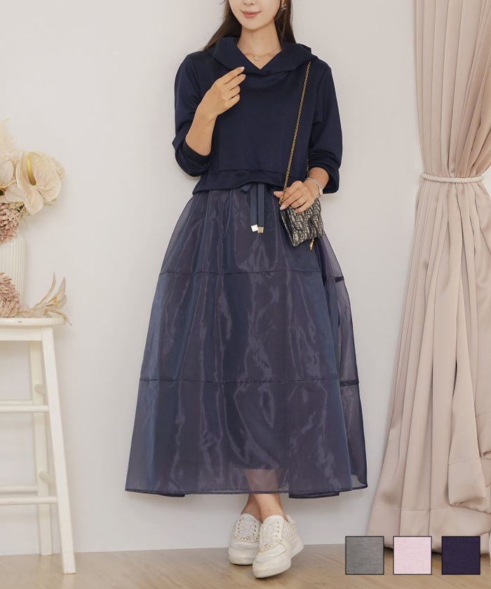 オーガンジー ドッキング フード付き 長袖 ハイウエスト スタイルアップ 3段切替 大人フェミニン カジュアル フェミニン 体型カバー 秋冬 きれいめ ワンピース パーカー ピンク ライラック ネイビー チャコール オーガンジー ドッキング パーカー ワンピース le reve vaniller