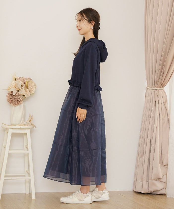 ダンボールニット オーガンジー ドッキング フード付き 長袖 ハイウエスト スタイルアップ 3段切替 大人フェミニン カジュアル フェミニン 体型カバー 秋冬 きれいめ 上品 ワンピース パーカー ピンク ライラック ネイビー チャコール