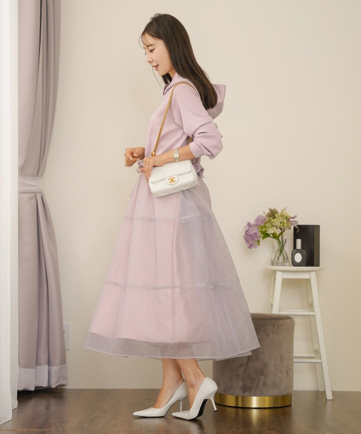 ダンボールニット オーガンジー ドッキング フード付き 長袖 ハイウエスト スタイルアップ 3段切替 大人フェミニン カジュアル フェミニン 体型カバー 秋冬 きれいめ 上品 ワンピース パーカー ピンク ライラック ネイビー チャコール