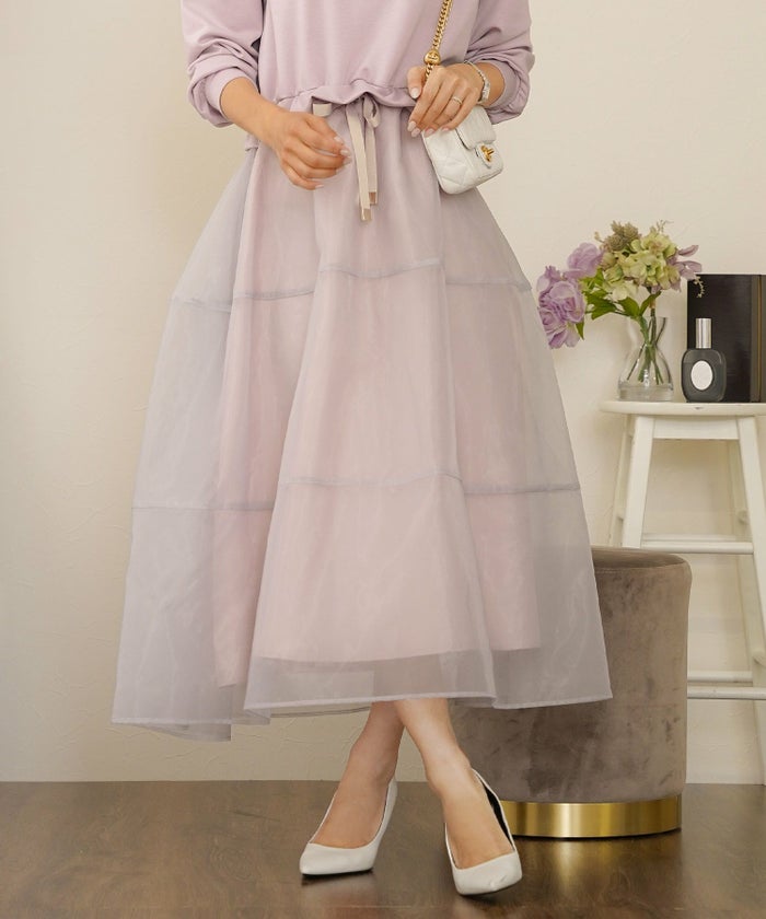 ダンボールニット オーガンジー ドッキング フード付き 長袖 ハイウエスト スタイルアップ 3段切替 大人フェミニン カジュアル フェミニン 体型カバー 秋冬 きれいめ 上品 ワンピース パーカー ピンク ライラック ネイビー チャコール