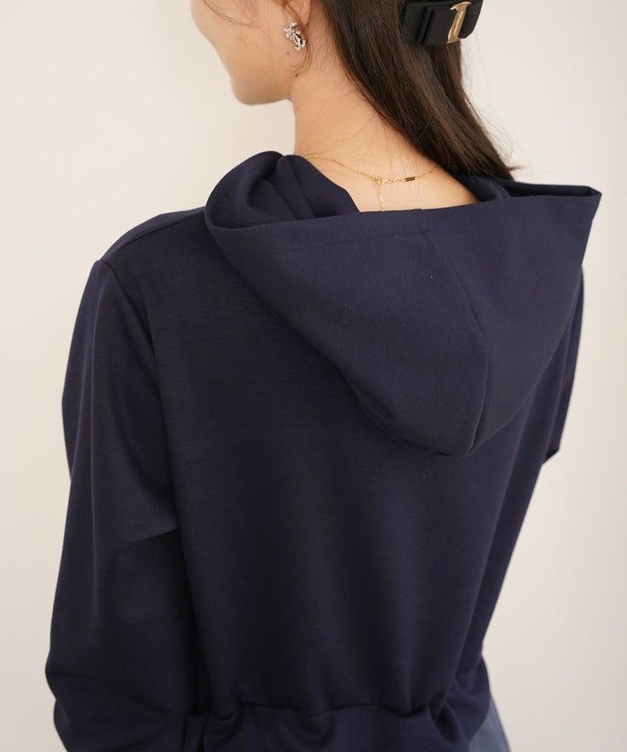 ダンボールニット オーガンジー ドッキング フード付き 長袖 ハイウエスト スタイルアップ 3段切替 大人フェミニン カジュアル フェミニン 体型カバー 秋冬 きれいめ 上品 ワンピース パーカー ピンク ライラック ネイビー チャコール