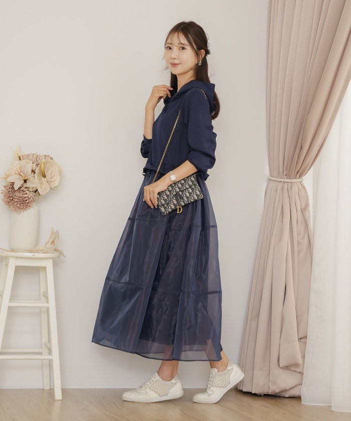 ダンボールニット オーガンジー ドッキング フード付き 長袖 ハイウエスト スタイルアップ 3段切替 大人フェミニン カジュアル フェミニン 体型カバー 秋冬 きれいめ 上品 ワンピース パーカー ピンク ライラック ネイビー チャコール