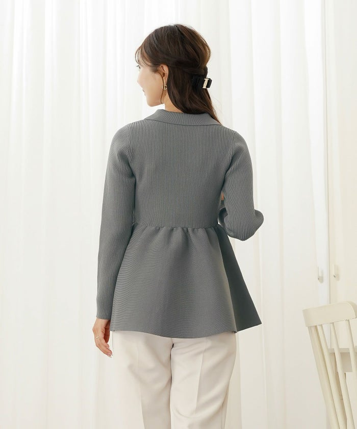 ペプラム 襟付き ニット Vネック レディース 秋冬 トップス 長袖 オフィスカジュアル フェミニン デート コーデ 通勤 服 きれいめ 上品 大人 カジュアル シンプル アイボリー ピンク チャコール　ネイビー