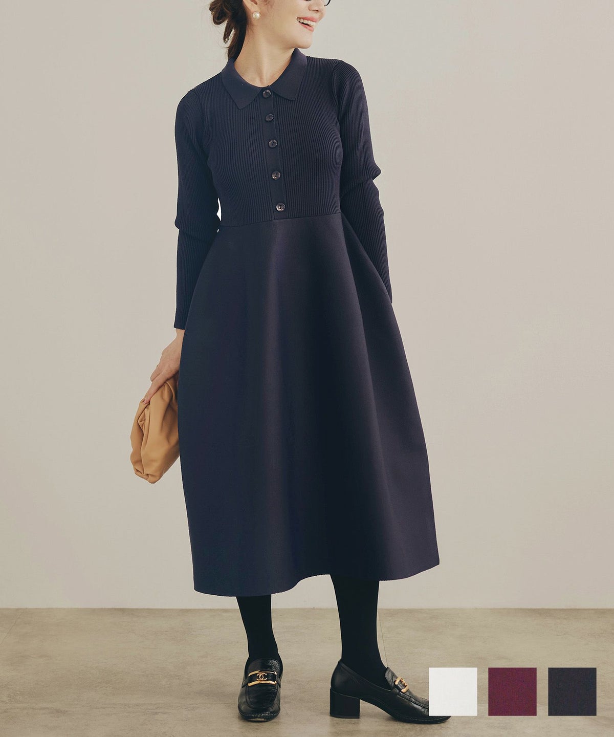 手洗い可 レディース ミモレ 大人 上品 長袖 きれいめ オフィス 秋冬 春 かわいい ジョイントスペース ミラノリブ 襟付き ニット ワンピース Liala×PG