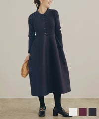 手洗い可 レディース ミモレ 大人 上品 長袖 きれいめ オフィス 秋冬 春 かわいい ジョイントスペース ミラノリブ 襟付き ニット ワンピース Liala×PG